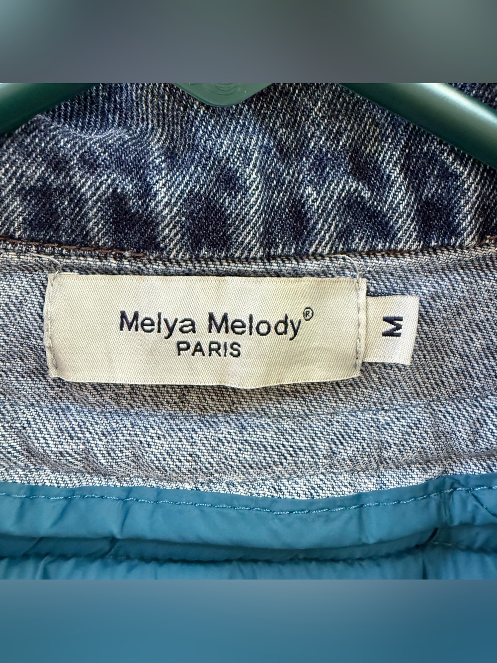 Melya Melody Paris Puffer Jacket Denim Trim Teal Quilted Layered Look Women's M - Picture 4 of 9